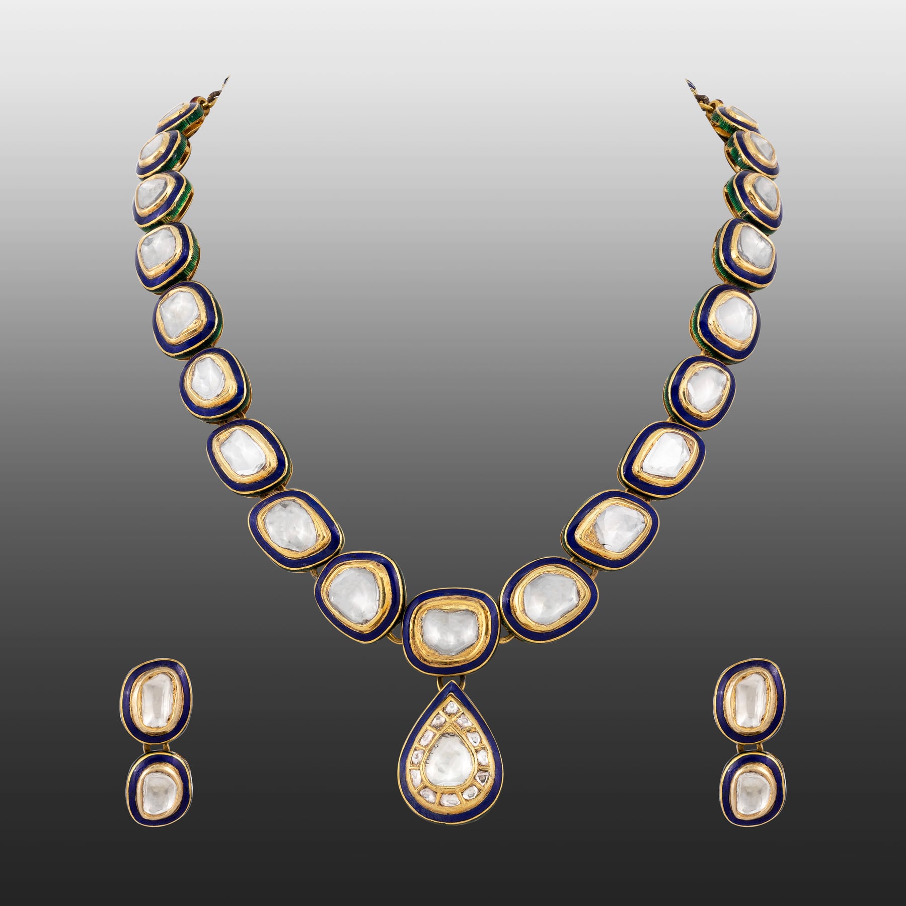 Framed Blue Enamel Polki Necklace with Central Teardrop Pendant